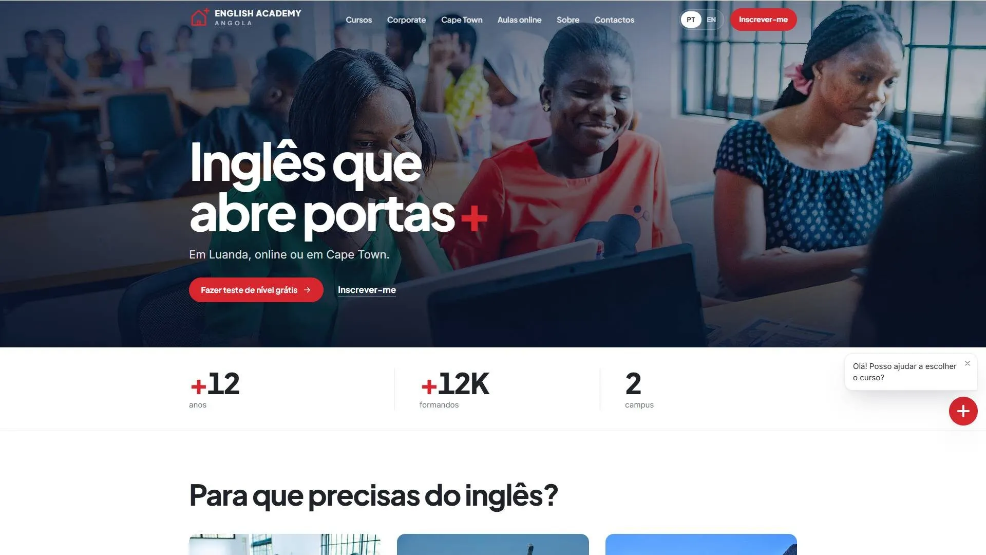 Página inicial do website da English Plus Academy (Angola e Cape Town)